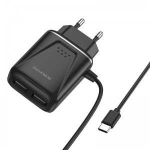 Cestovní nabíječ Borofone BA50A, 2xUSB 2,1A Micro USB Typ C kabel, barva černá