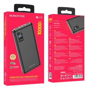 Externí baterie POWER BANK Borofone BJ15, 10000mAh PD QC 3.0, 22,5W 2x USB, USB Typ C, barva černá