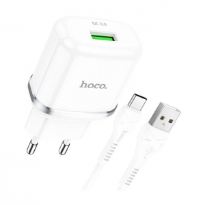 Cestovní nabíječ HOCO N3 Single port 1x USB A, QC 3.0 PD 18W, kabel USB A na USB C, barva bílá