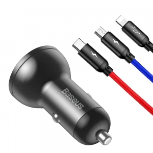 CL adaptér Baseus, 2x USB A 4,8A 24W displej, USB kabel 3v1 (Micro, Lightning, USB C), černá