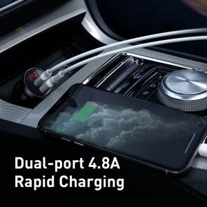 CL adaptér Baseus, 2x USB A 4,8A 24W displej, USB kabel 3v1 (Micro, Lightning, USB C), černá