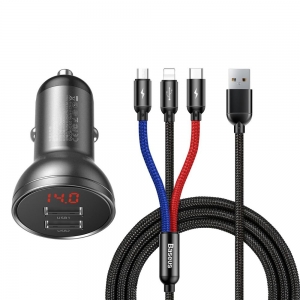 CL adaptér Baseus, 2x USB A 4,8A 24W displej, USB kabel 3v1 (Micro, Lightning, USB C), černá