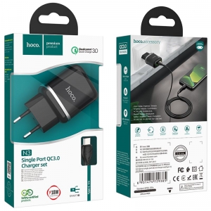 Cestovní nabíječ HOCO N3 Single port 1x USB A, QC 3.0 PD 18W, kabel USB A na USB C, barva černá