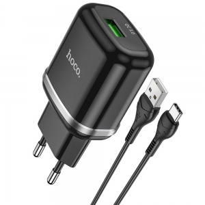 Cestovní nabíječ HOCO N3 Single port 1x USB A, QC 3.0 PD 18W, kabel USB A na USB C, barva černá