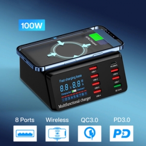 Nabíjecí stanice X9 - 7x USB A, 1x USB C - QC 3.0 PD 100W + indukční nabíjení, barva černá