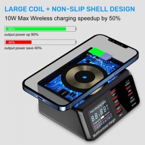 Nabíjecí stanice X9 - 7x USB A, 1x USB C - QC 3.0 PD 100W + indukční nabíjení, barva černá
