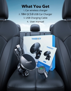 Držák do auta ThreeKey, magnetický, mřížka ventilátoru, indukce 15W + CL adaptér, kabel USB Typ C, barva černá