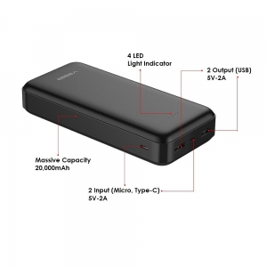 Externí baterie POWER BANK Veger A20, 20000mAh, 2x USB 1x USB Typ C, 1x Micro USB, barva černá