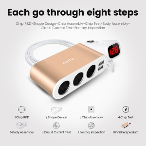 CL rozbočovač zásuvek do zapalovače B08 - 3 zásuvky + 2x USB A - 3,1A (120W) zlatá