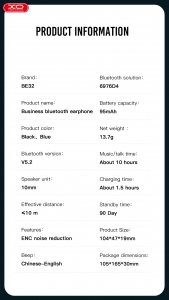 Bluetooth headset XO BE32, barva černá
