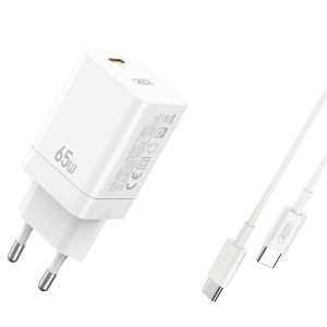 Cestovní nabíječka (XO-CE10) PD 65W, 1x USB Typ C, kabel USb Typ C - Typ C, barva bílá