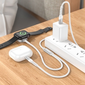 Datový kabel 2v1 HOCO (CW54), USB C na indukce pro Apple Watch + kabel Lightning, PD, QC, barva bílá