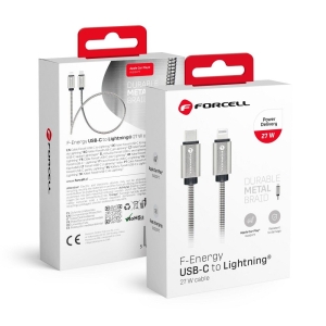 Datový kabel Forcell Metal, USB C na Lightning, QC 3.0, PD 27W, délka 1m, barva stříbrná