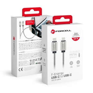 Datový kabel Forcell Metal, USB C na USB C, QC 4.0, PD 100W, délka 1m, barva stříbrná