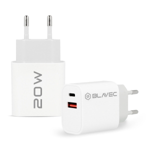 Cestovní nabíječ Blavec, 1x USB A, 1x USB C, PD 20W, QC 3.0, bílá