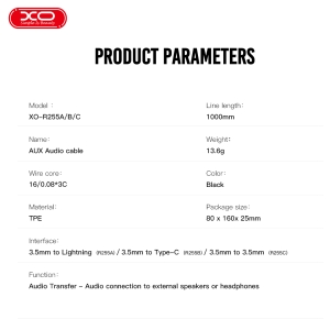 Kabel AUX (XO NB-R255A) Lightning na Jack 3,5mm barva černá