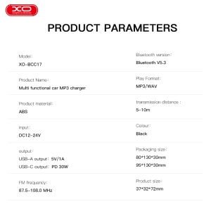 Transmitér FM Bluetooth XO (BCC17) 1x USB A 1x USB C, PD 30W, barva černá