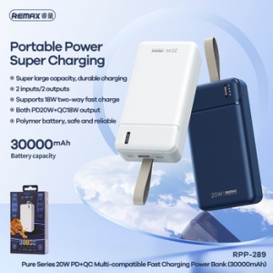 Externí baterie POWER BANK Remax RPP-289, 30000 mAh, 1x USB C, 1x USB A, PD 20W, QC 18W, barva bílá