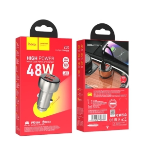 CL adaptér HOCO Z50, 1x USB A, 1x USB C, QC 3.0, PD 48W, barva metal grey
