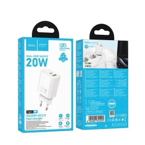 Cestovní nabíječ HOCO N61 1x USB A, 1x USB C, QC 3.0 PD 20W, barva bílá