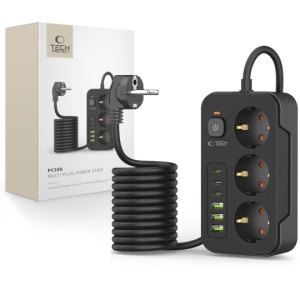 Cestovní nabíječ TechProtect PC3X6, 3x USB C, 3x USB, 3x zásuvka, délka kabelu 200cm, barva černá