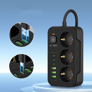 Cestovní nabíječ TechProtect PC3X6, 3x USB C, 3x USB, 3x zásuvka, délka kabelu 200cm, barva černá