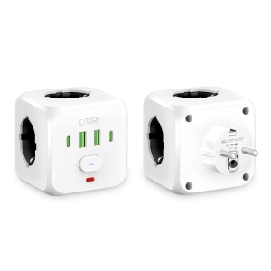 Cestovní nabíječ TechProtect PCL3X4, 2x USB C, 2x USB, 3x zásuvka, barva bílá