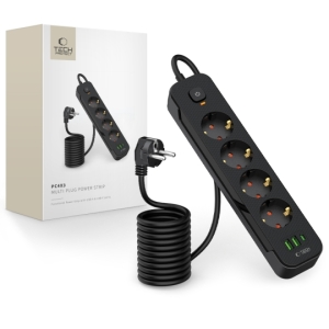 Cestovní nabíječ TechProtect PCL4X3, 2x USB, 1x USB C, 4x zásuvka, délka kabelu 200cm, barva černá