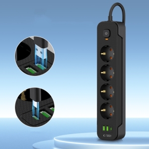 Cestovní nabíječ TechProtect PCL4X3, 2x USB, 1x USB C, 4x zásuvka, délka kabelu 200cm, barva černá
