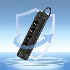 Cestovní nabíječ TechProtect PCL4X3, 2x USB, 1x USB C, 4x zásuvka, délka kabelu 200cm, barva černá