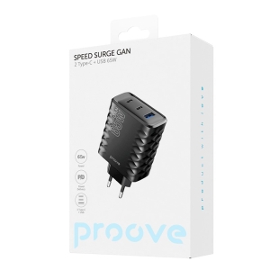Cestovní nabíječ Proove Speed Surge GaN, 2x USB C, 1x USB, PD 65W, černá