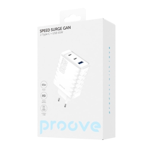Cestovní nabíječ Proove Speed Surge GaN, 2x USB C, 1x USB, PD 65W, bílá