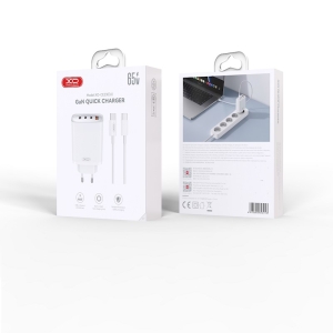 Cestovní nabíječ XO-CE23 GaN, 3x USB C, 1x USB A, QC 3.0 PD 65W, kabel USB C na USB C, barva bílá