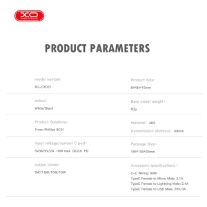 Indukční nabíječka XO-CX031, 15W, QI, se sadou adaptérů, kabel USB C na USB C, barva černá