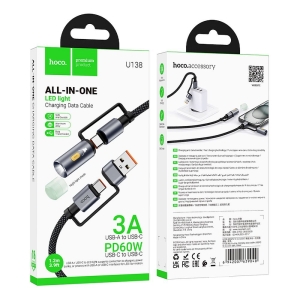 Datový kabel HOCO All in One U138, USB A (3A)/ USB C na USB C (60W), LED světlo, QC 3.0, délka 1,2m, barva černá