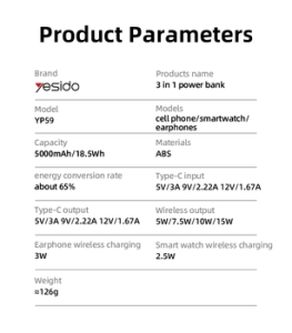 Externí baterie POWER BANK Yesido YP59 Mini, 3v1 5000mAh, Magsafe Induction 15W, barva černá