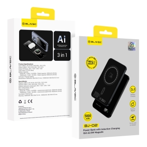 Externí baterie POWER BANK Blavec (BJ-02) 3v1, Slim 7,8mm, 5000mAh, Magsafe, Indukce 22,5W, 1x USB C, barva černá