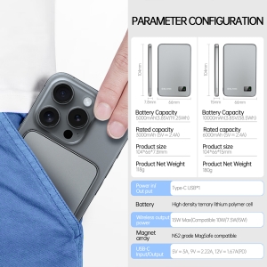 Externí baterie POWER BANK Blavec (BJ-01) 3v1, Slim 7,8mm, 5000mAh, Magsafe, Indukce 22,5W, 1x USB C, barva grey
