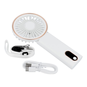 Mini stolní větrák (W10), přenosný, USB C, 3 rychlosti, šňůrka na krk, LCD displej, barva bílá
