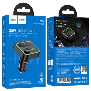 Transmiter FM Bluetooth Hoco E85, 2x USB A 1x USB C PD 20W, QC 3.0, barva černá
