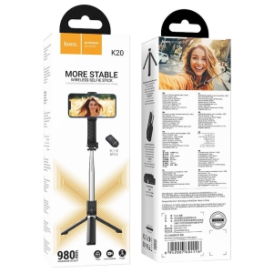 Selfie držák HOCO K20 tripod, s funkcí stativu (až 98cm), bluetooth v 4.2, barva černá