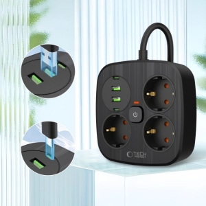 Cestovní nabíječ TechProtect PCS3X4, 2x USB, 2x USB C, 3x zásuvka, délka kabelu 200cm, barva černá
