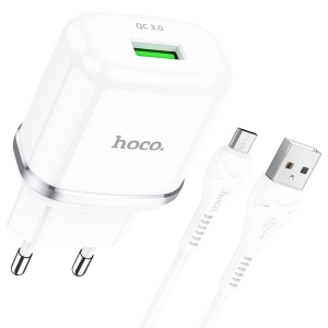 Cestovní nabíječ HOCO N3 Single port 1x USB A, QC 3.0 PD 18W, kabel USB A na Micro USB, barva bílá