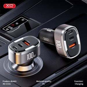 CL adaptér XO (CC61) 1x USB A, 1x USB C, 1x Lightning, QC 3.0, PD 100W, grey