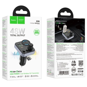 Transmiter FM Bluetooth Hoco E86, 2x USB A 1x USB C PD 48W, QC 3.0, barva černá