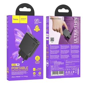 Cestovní nabíječ HOCO N38 Ultra Thin (šířka 14mm) 1x USB A, 1x USB C, QC 3.0 PD 20W, barva černá