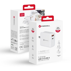 Forcell F-Energy 3v1 USB C + USB A, QC4.0 PD 45W se třemi vyměnitelnými zástrčkami (EU / UK / US) bílá