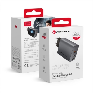 Nabíječka telefonu Forcell F-Energy GaN 2 x USB C + USB A QC4.0 PD 65W, šedá