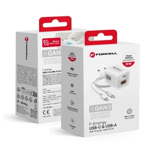 Nabíječka Forcell F-Energy GaN III Crystal Color USB C + USB A QC4.0 PD 33W + kabel USB C na USB C, bílá