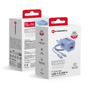 Nabíječka Forcell F-Energy GaN III Crystal Color USB C + USB A QC4.0 PD 33W + kabel USB C na USB C, modrá